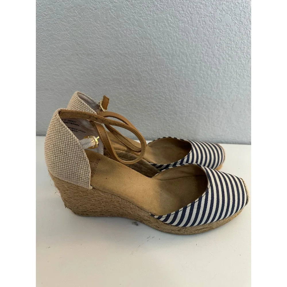 White Mountain Women's Blue Striped Espadrille Ankle Strap Wedge Sandals 7.5M